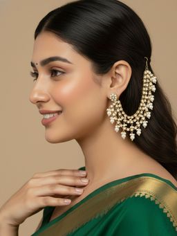 Peora - Gold Plated White Kundan Studded Earrings Chain for Women