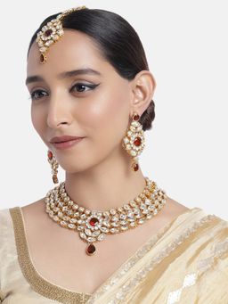 Peora - Gold Plated Maroon Kundan Multistrand Jewellery Set