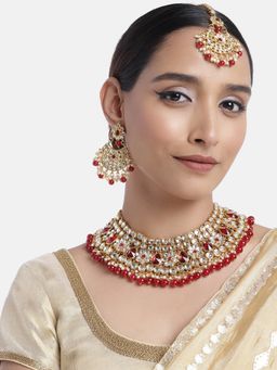 Peora - Gold Plated Maroon Kundan Jewellery Set