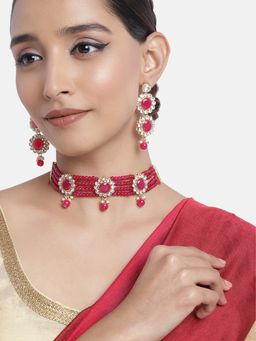 Peora - Gold Plated Stone Studded Rani Pink Beaded Jewellery Set