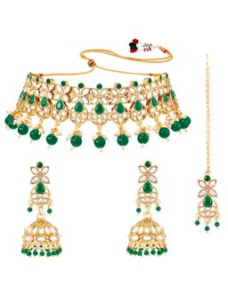 Peora - Gold Plated Green Kundan Jewellery Set