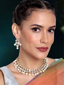 Peora - Gold Plated Indian Kundan White Pearl Jewellery Set