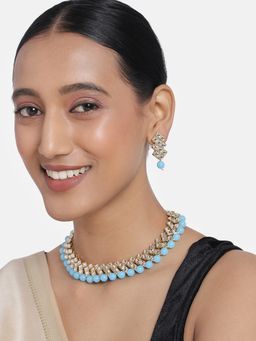 Peora - Gold Plated Kundan Sky Blue Pearl Bridal Jewellery Set
