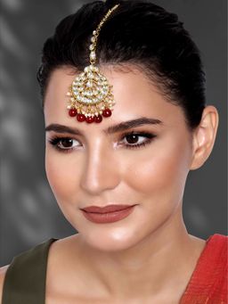Peora - Gold Plated Wedding Kundan Maroon Pearl Maang Tikka For Women