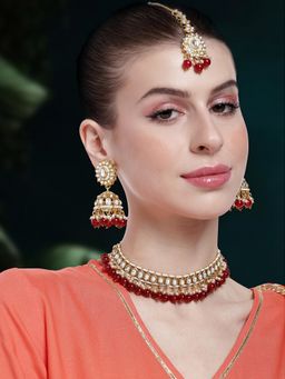 Peora - Gold Plated Maroon Beads and Kundan Studded Jewellery Set