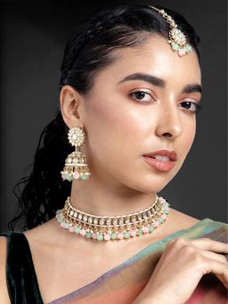 Peora - Gold Plated Pink Mint Kundan Studded Jewellery Set
