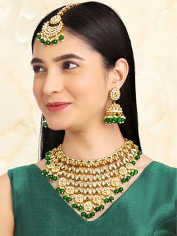 Peora - Gold Plated Kundan and Green Beads Studded Jewellery Set
