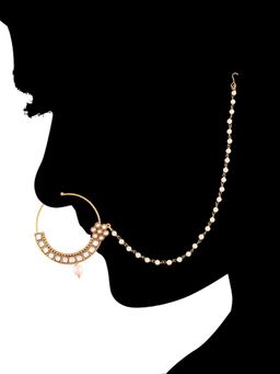 Peora - Gold Plated White Kundan Nose Ring With Pearl Chain