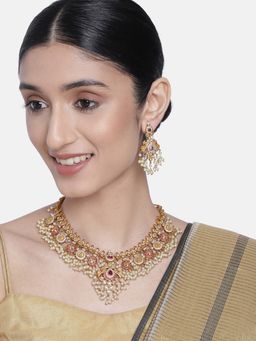 Peora - Gold Pleated Goddess Laxmi Temple Jewellery Set