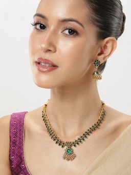 Peora - Gold Plated Green Faux Emerald Studded Jewellery Set