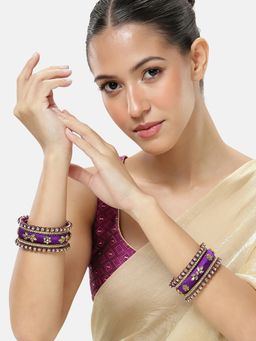 Peora - Gold Plated Kundan Studded Purple Silk Thread Bangles (Pack Of 10)