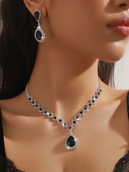 Peora - Silver Plated Cz And Black Crystal Studded Jewellery Set