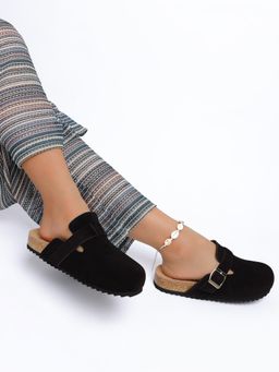Rag & Co - Women Black Buckle Accent Slip-On Footbed Mules