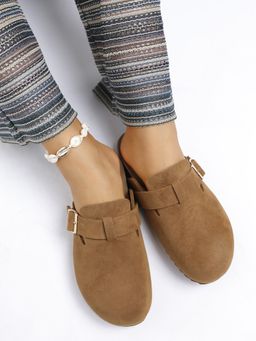 Rag & Co - Women Tan Buckle Accent Slip-On Footbed Mules