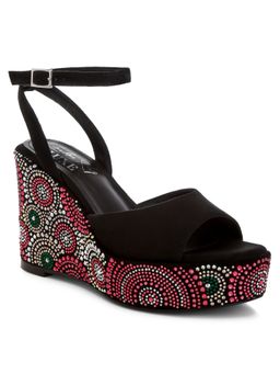Rag & Co - Women Black Mandala Motif Rhinestone Embellished Wedges