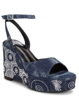 Rag & Co - Women Blue Mandala Motif Rhinestone Embellished Wedges Heels