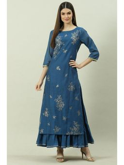 Biba - Navy Blue Printed Dress With Cape (Set of 2)