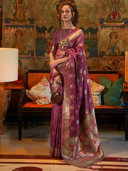 Akhilam - Womens Silk Blend Purple Woven Designer Saree with Unstitched Blouse