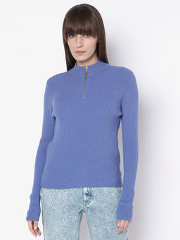 VERO MODA - Blue Ribbed High Neck Knit Sweater