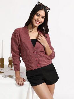 Campus Sutra - Blush Pink Solid Ribbed Cropped Cardigan