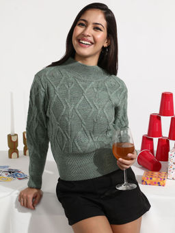 Campus Sutra - Sage Green Geometric Knit Sweater