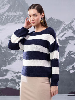 KOTTY - Navy Blue Striped Cotton Blend Knit Pullover Sweater
