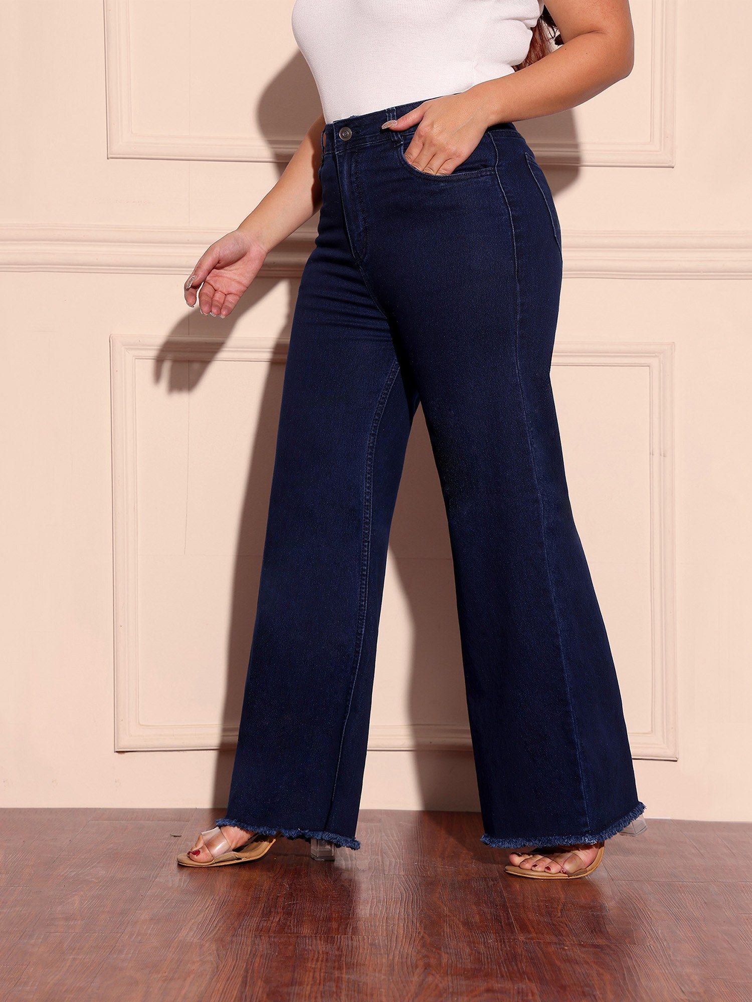 miss chase A+ Curve Collection Plus Size Women Navy Blue Wide-Leg Stretchable Jeans-picture-15