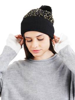 Bharatasya - Women Sequin Knitted Beanie Cap Fur Pom Shiny Bling Skull Sparkling Cap Gold