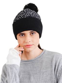 Bharatasya - Women Sequin Knitted Beanie Cap Fur Pom Shiny Bling Skull Sparkling Cap Silver