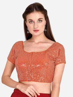 Amrutam Fab - Womens Sequences Work Orange Net Stiched Blouse With Round Neck