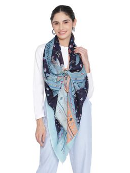 Shingora - Blue Wool Printed Fringed Stole for Women