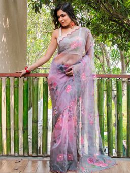 Odette - Pink Organza Floral Printed Saree with Unstitched Blouse