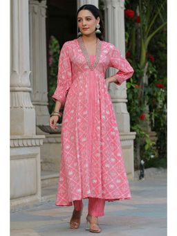 Rangeelo - Pink Printed Muslin Kota Hand Embroidered Anarkali (Set of 2)