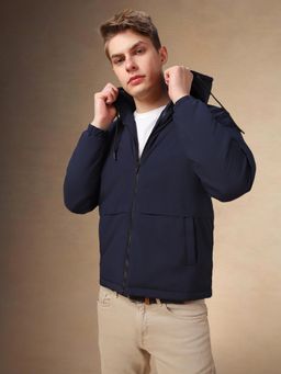 Dennis Lingo - Men'S Navy Blue Solid Hooded Long Sleeves Padded Jacket