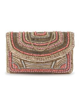 Anekaant - Boho Beige & Dusky Pink Cotton Canvas Striped Embellished Sling Bag