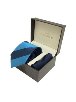 The Tie Hub - Blue Stripe Microfiber Neck Tie with Solid Pocket Square Combo Set