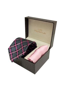 The Tie Hub - Grey with Pink Checkered Microfiber Neck Tie with Solid Pocket Square Combo Set