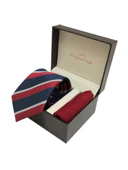 The Tie Hub - Navy Blue with Maroon Stripe Microfiber Neck Tie with Solid Pocket Square Combo Set