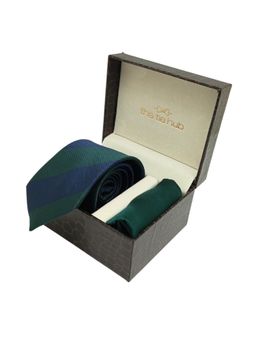 The Tie Hub - Green with Blue Stripe Microfiber Neck Tie with Solid Pocket Square Combo Set