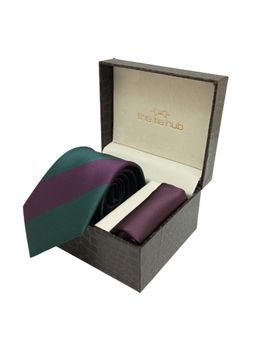 The Tie Hub - Green with Purple Stripe Microfiber Neck Tie with Solid Pocket Square Combo Set