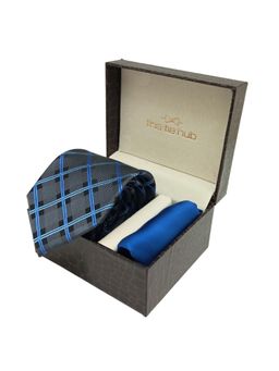 The Tie Hub - Grey with Blue Checkered Microfiber Neck Tie with Solid Pocket Square Combo Set