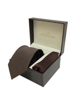 The Tie Hub - Brown Polka Microfiber Neck Tie with Solid Pocket Square Combo Set