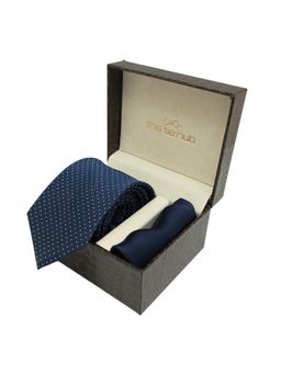 The Tie Hub - Navy Blue Polka Microfiber Neck Tie with Solid Pocket Square Combo Set