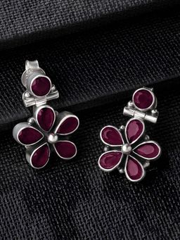 Peora - 925 Sterling Silver Diamond Cut Oxidised Finish Faux Ruby Earring-PF59E29RP