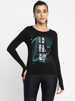 ap'pulse - Women Black Round Neck Long Sleeve Thumbopen Printed T-Shirt