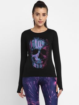 ap'pulse - Women Round Neck Black Long Sleeve Thumbopen Printed T-Shirt