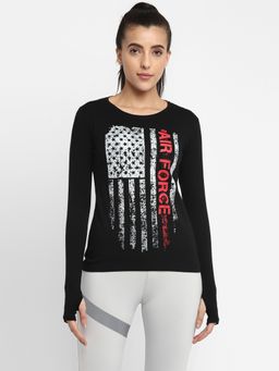 ap'pulse - Women Round Neck Black Thumbopen Printed T-Shirt