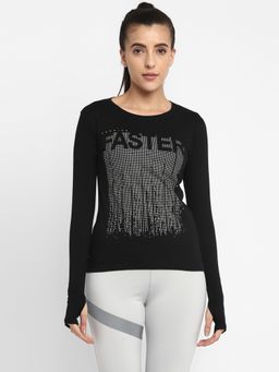 ap'pulse - Women Round Neck Long Sleeve Black Printed T-Shirt
