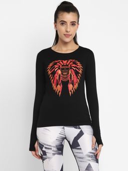 ap'pulse - Women Round Neck Full Sleeve Black Printed T-Shirt