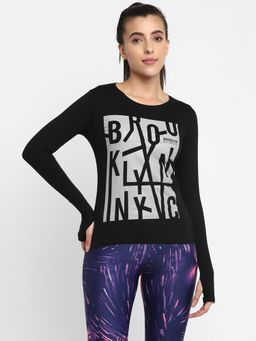 ap'pulse - Women Round Neck Full Sleeve Black Thumbopen Printed T-Shirt